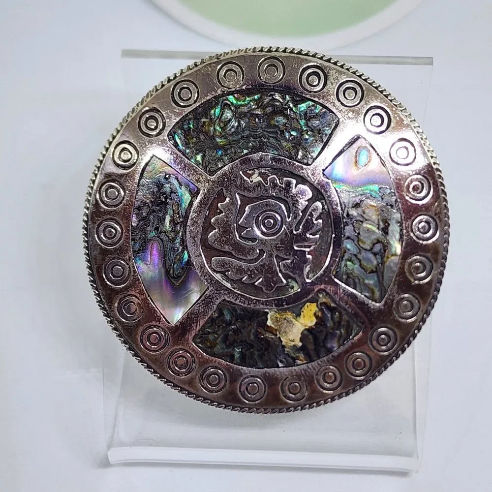 Vintage Taxco Sterling Silver Abalone Aztec Mexico Large Handmade Pin Pendant